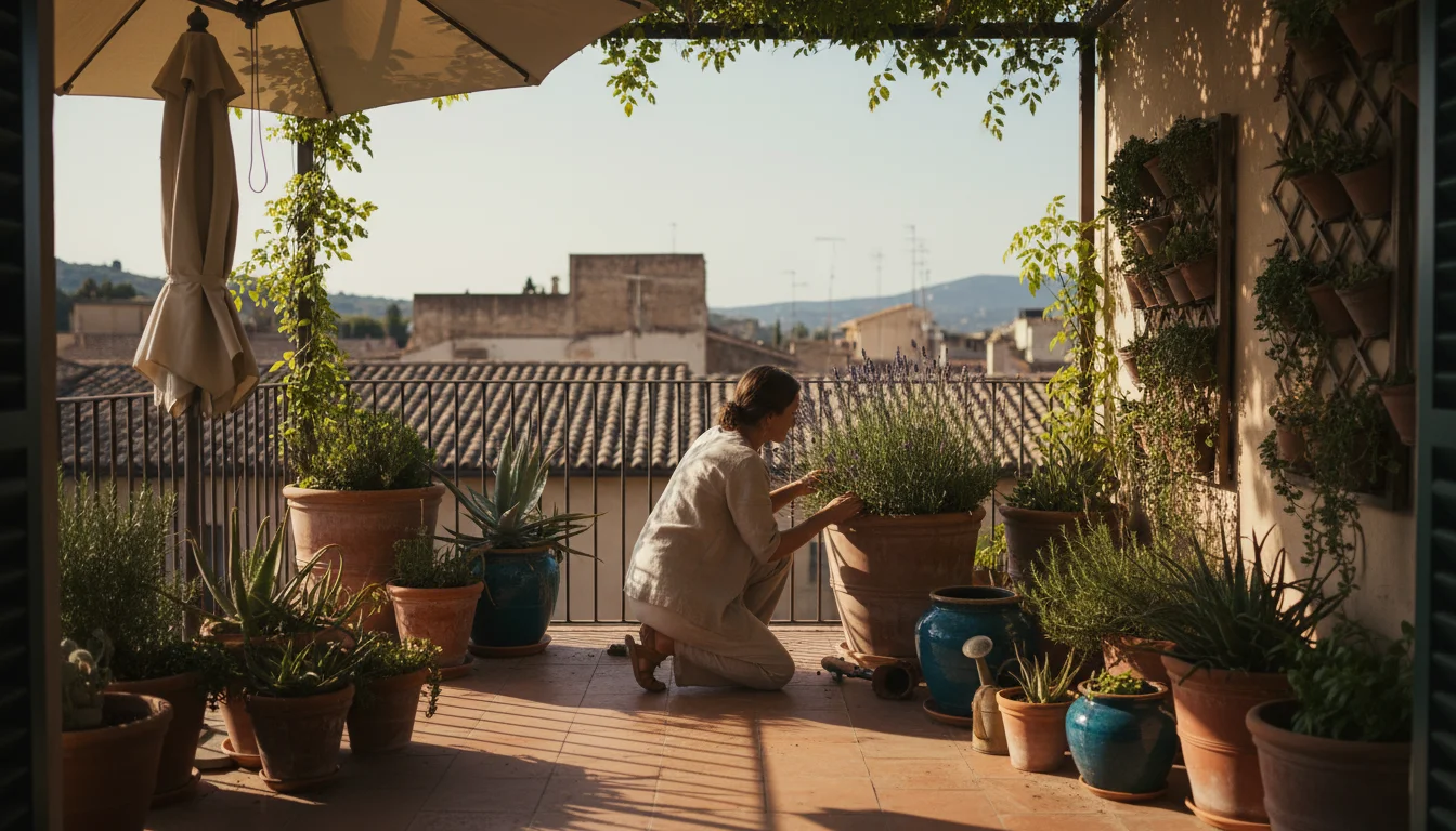 Person thoughtfully inspects a lavender plant in a sun-dappled balcony container garden, designed for heat resilience.