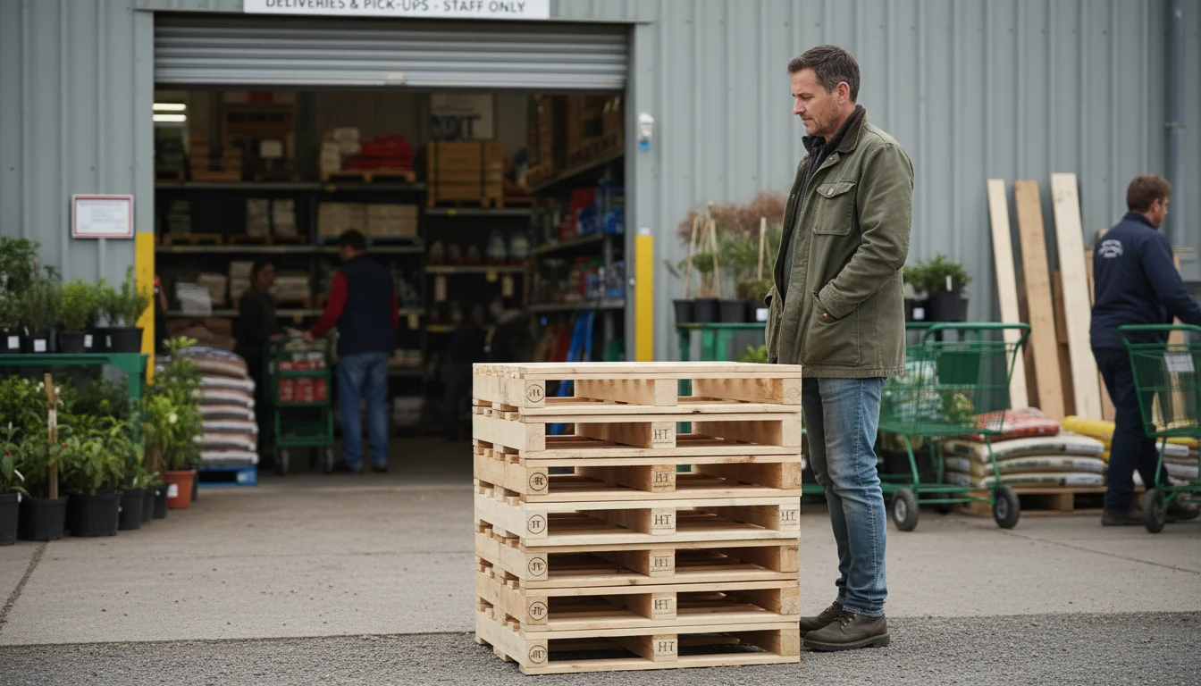 A person thoughtfully observes a neat stack of heat-treated wooden pallets near a garden center's service entrance, contemplating their reuse.