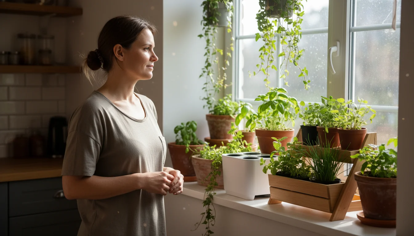 Person thoughtfully observing a variety of healthy container herbs and plants on a bright kitchen windowsill, sunlight illuminating the scene.