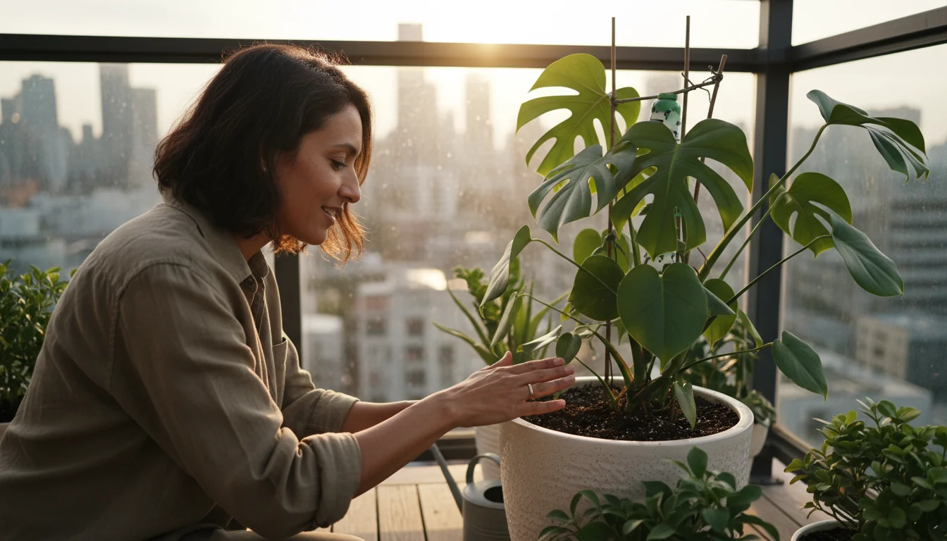 Person thoughtfully examining a potted plant on a sunlit urban balcony, surrounded by diverse container gardens.