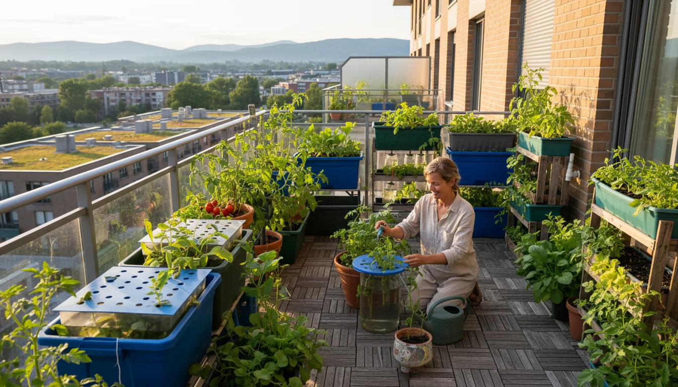 Person gently tending thriving plants in diverse DIY self-watering containers on a sunlit urban balcony.