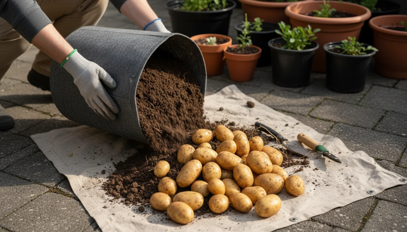 A person gently tips a dark fabric grow bag, revealing golden-brown potatoes and soil spilling onto a light tarp on a patio.