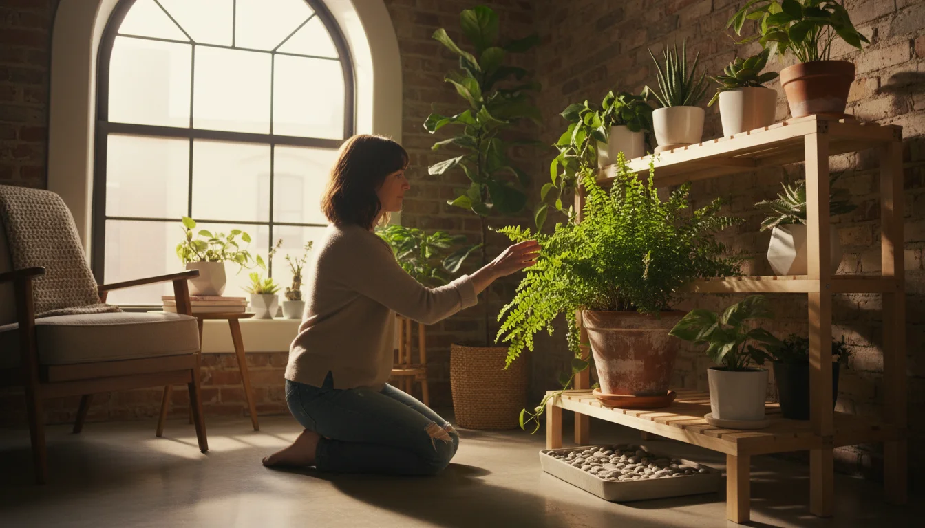 Person gently touches crispy fern fronds on a shelf with a pebble tray and humidifier, surrounded by other plants in a sunny room.