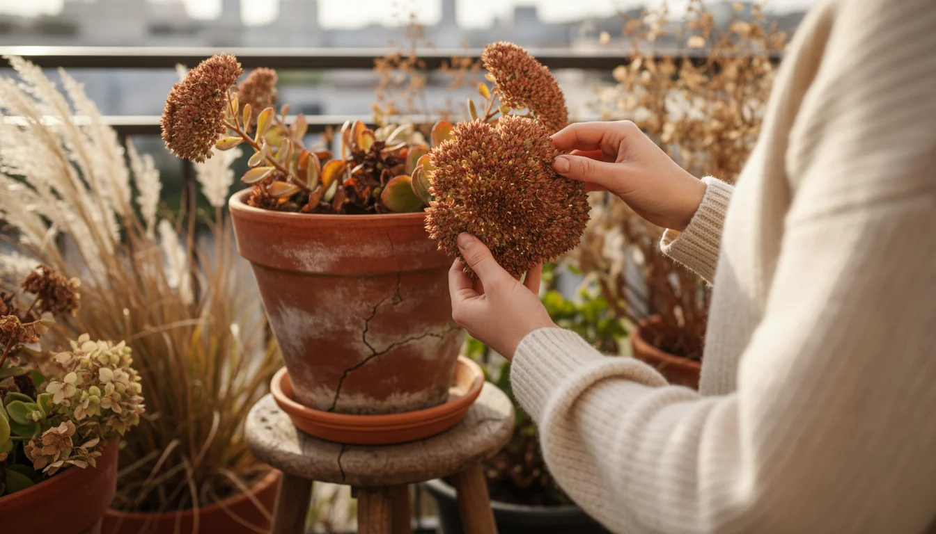 Person gently touches dried sedum plant in a terracotta pot on an urban balcony, with other faded plants softly blurred in the background.