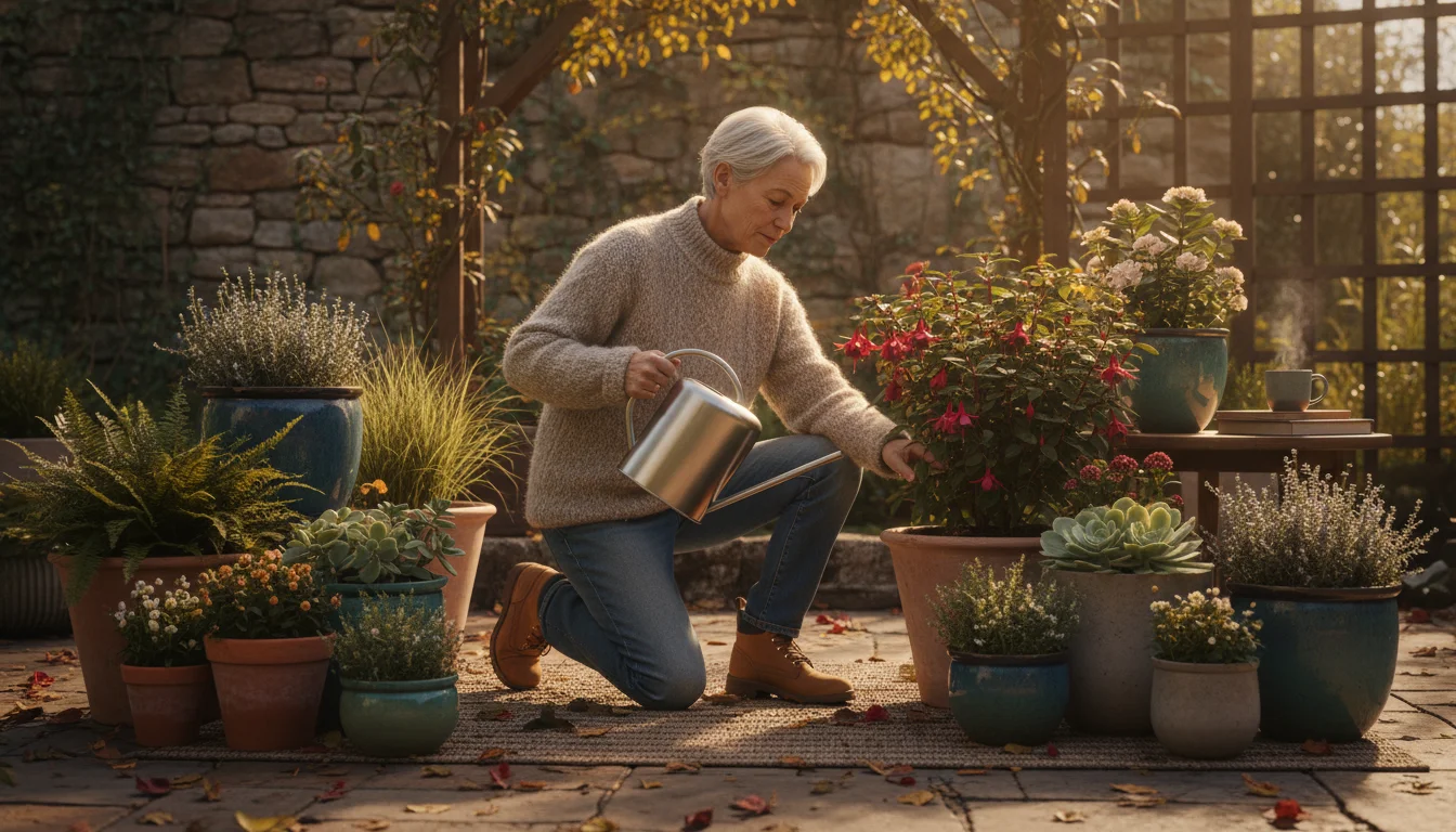 Person gently touches soil in a container plant on a fall patio, holding a watering can, surrounded by various potted plants.