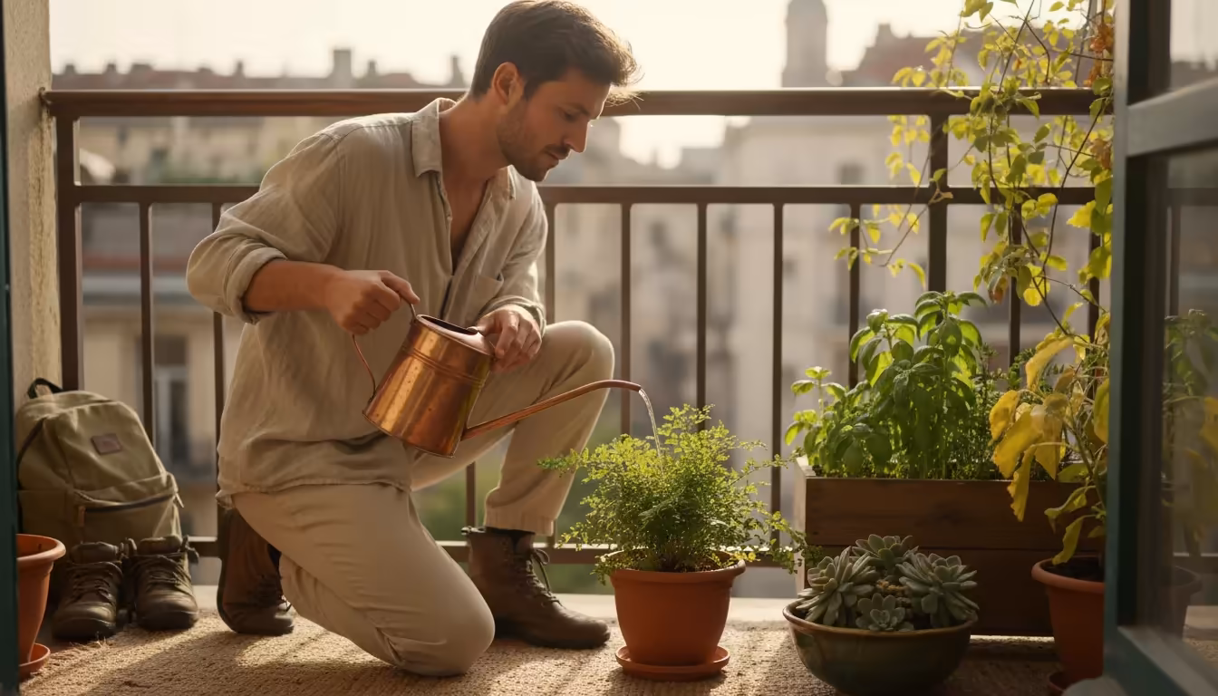 A person in travel clothes kneels on a balcony, calmly assessing a slightly wilted container plant with a watering can ready.