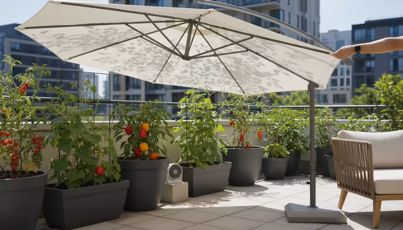 Person unfurling a patio umbrella to shade potted tomato, pepper, and cucumber plants on a sunny urban patio.