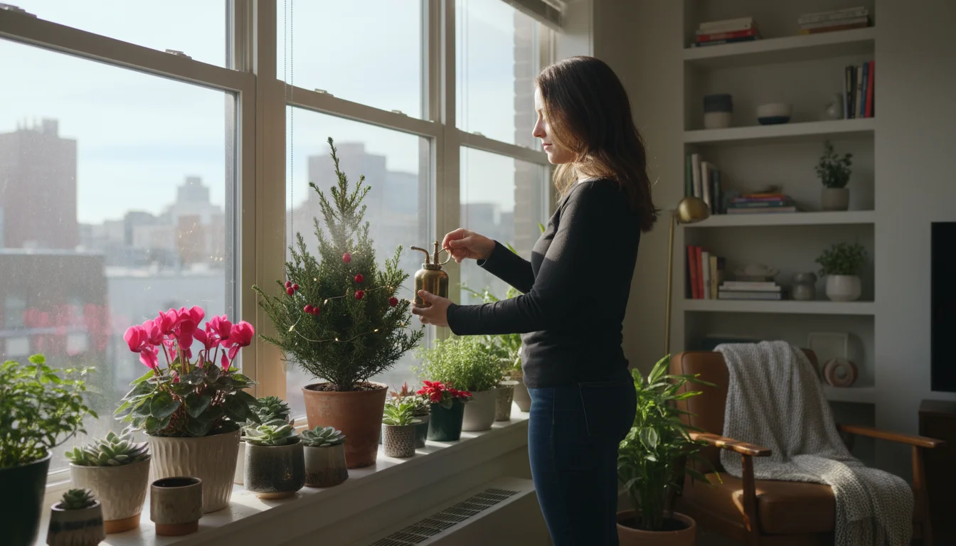 Person in urban apartment, back turned, misting festive container plants on a sunny windowsill, including a mini conifer with berries.