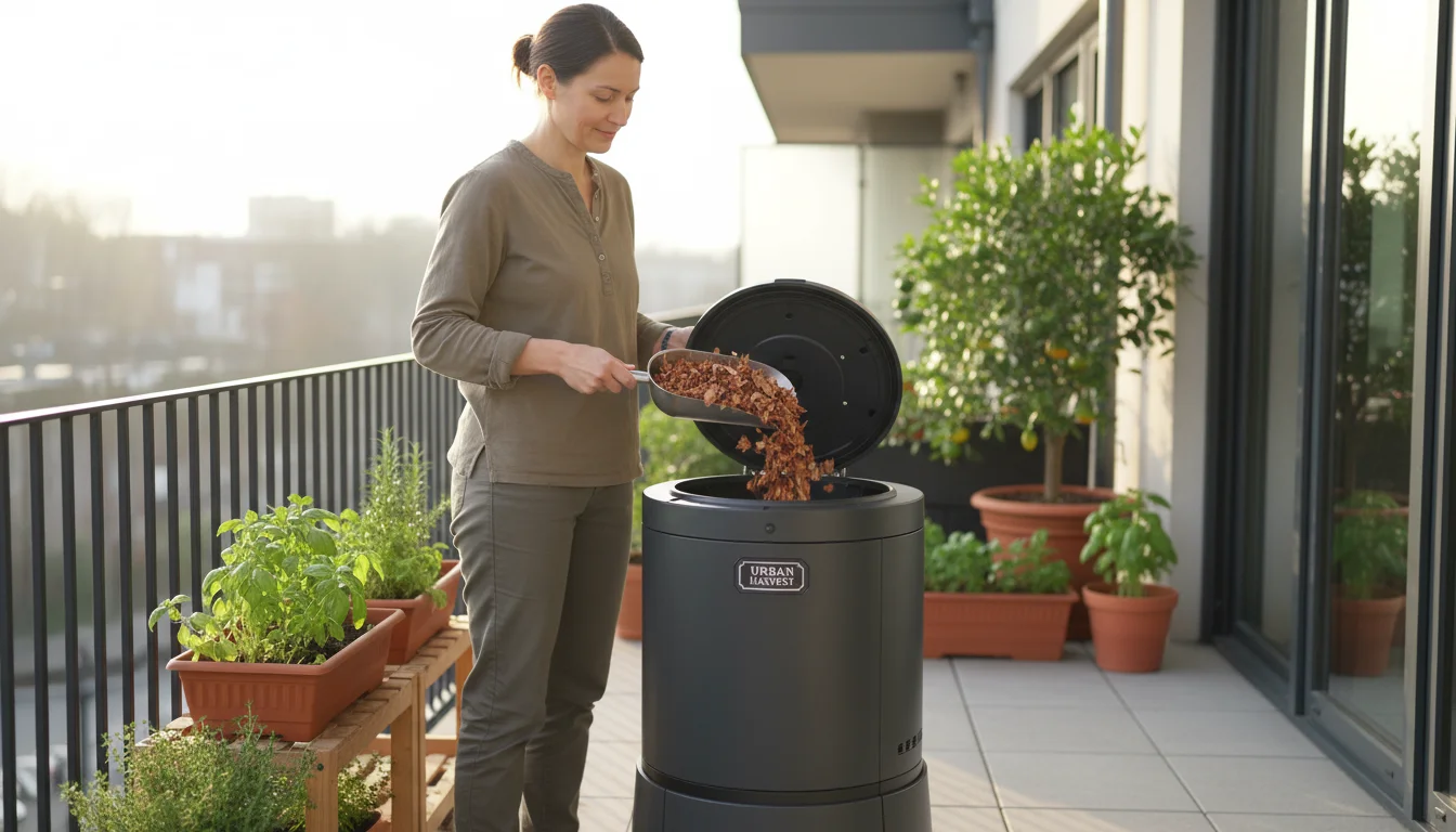 Person on an urban balcony adding shredded leaves to a compact charcoal-gray compost tumbler, surrounded by container plants.