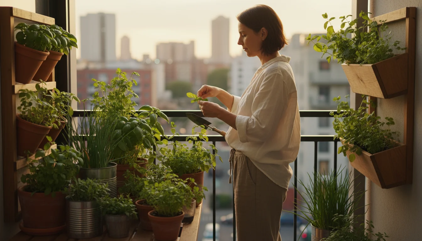 A person on an urban balcony admiring a diverse, thriving container garden of basil, mint, cilantro, and chives in golden hour light.