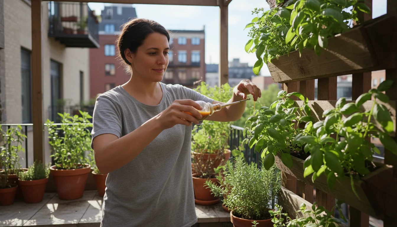 Person on an urban balcony applying liquid organic fertilizer to thriving basil plants in a wooden vertical pallet garden.