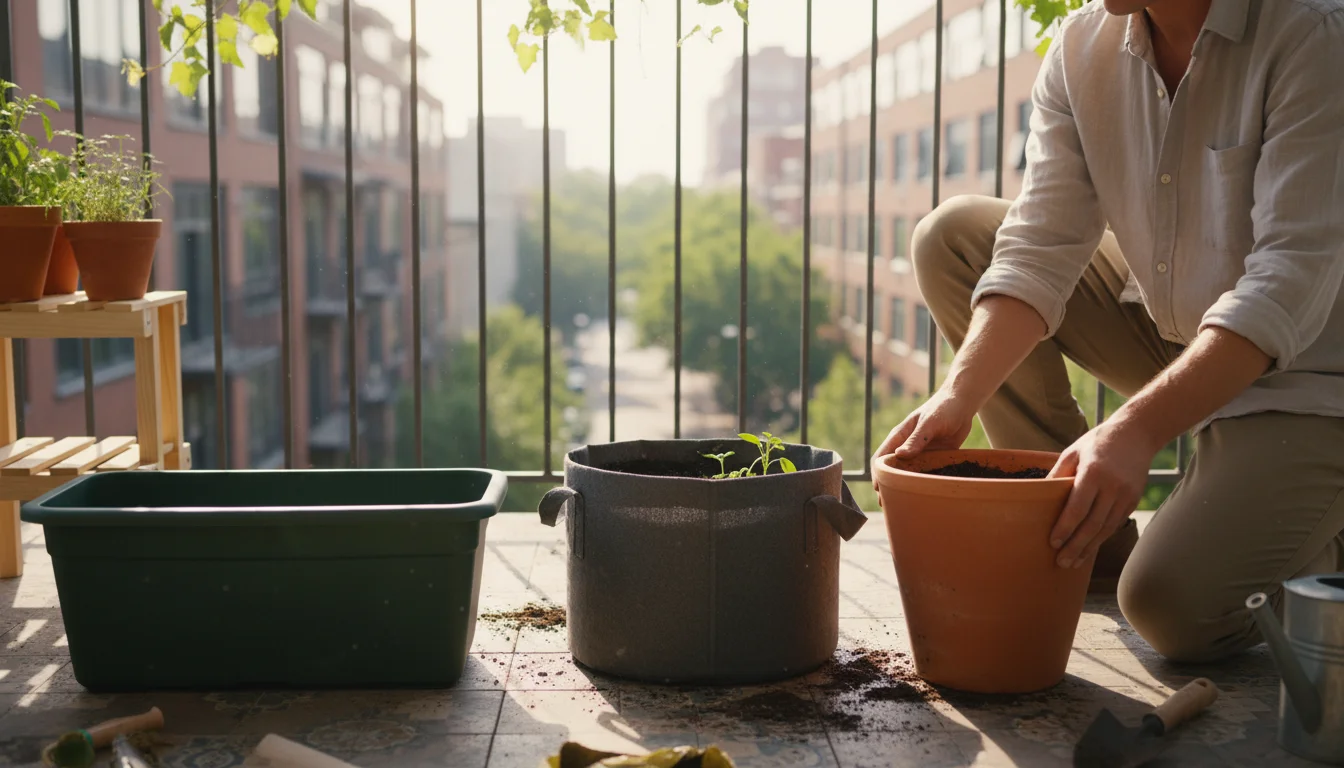 Person on an urban balcony arranging new sustainable containers: terracotta pot, fabric grow bag, recycled plastic planter, FSC wood box.