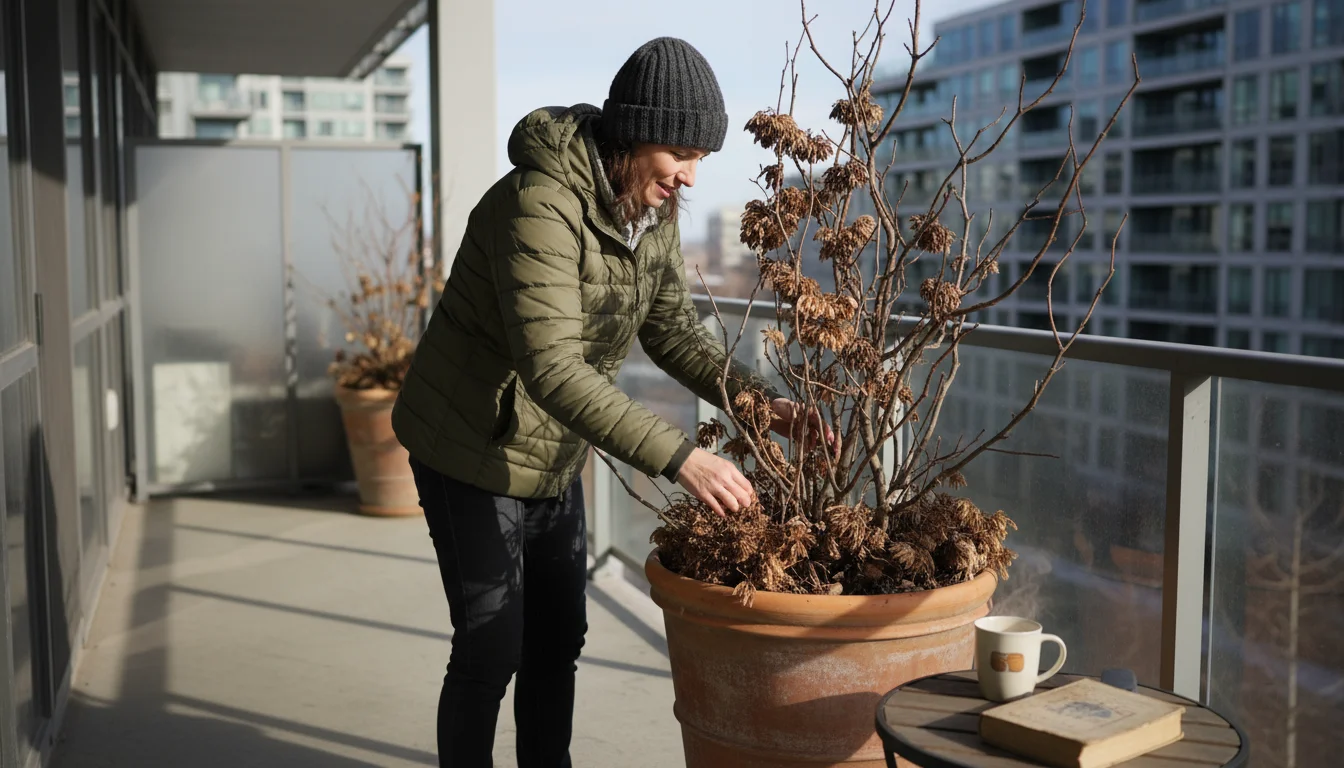 Person on urban balcony checking a winter sculpture of bare branches and dried seed heads in a large pot for stability.