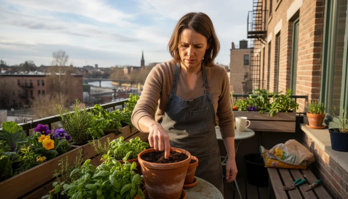 A person on an urban balcony gently checks a container plant's soil amidst shifting spring light, surrounded by a mix of sunny and shaded potted plant