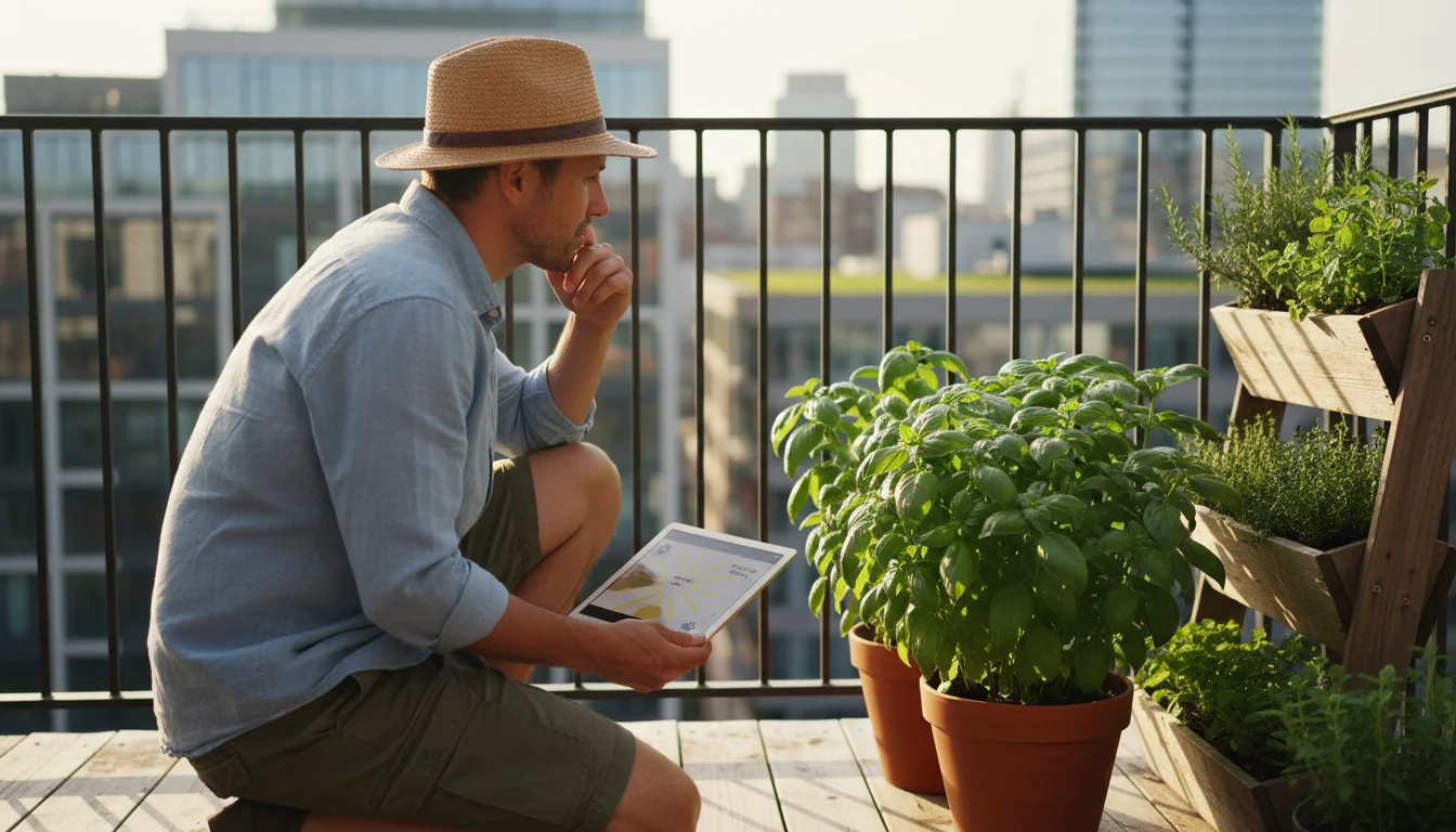 A person on an urban balcony compares a sunlight map on a tablet to a sunlit corner with terracotta pots and a thriving basil plant.