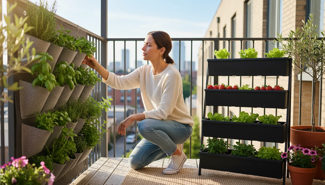Person on urban balcony comparing a thriving wall-mounted fabric pocket garden with a multi-tiered metal vertical planter.