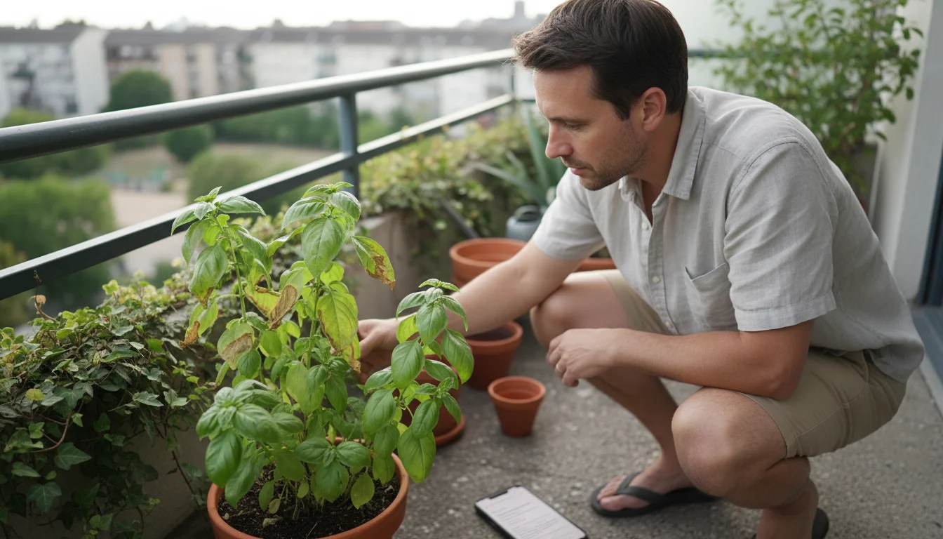 Person on an urban balcony examining crispy leaves of a potted plant, with a smartphone open on the concrete floor beside them.