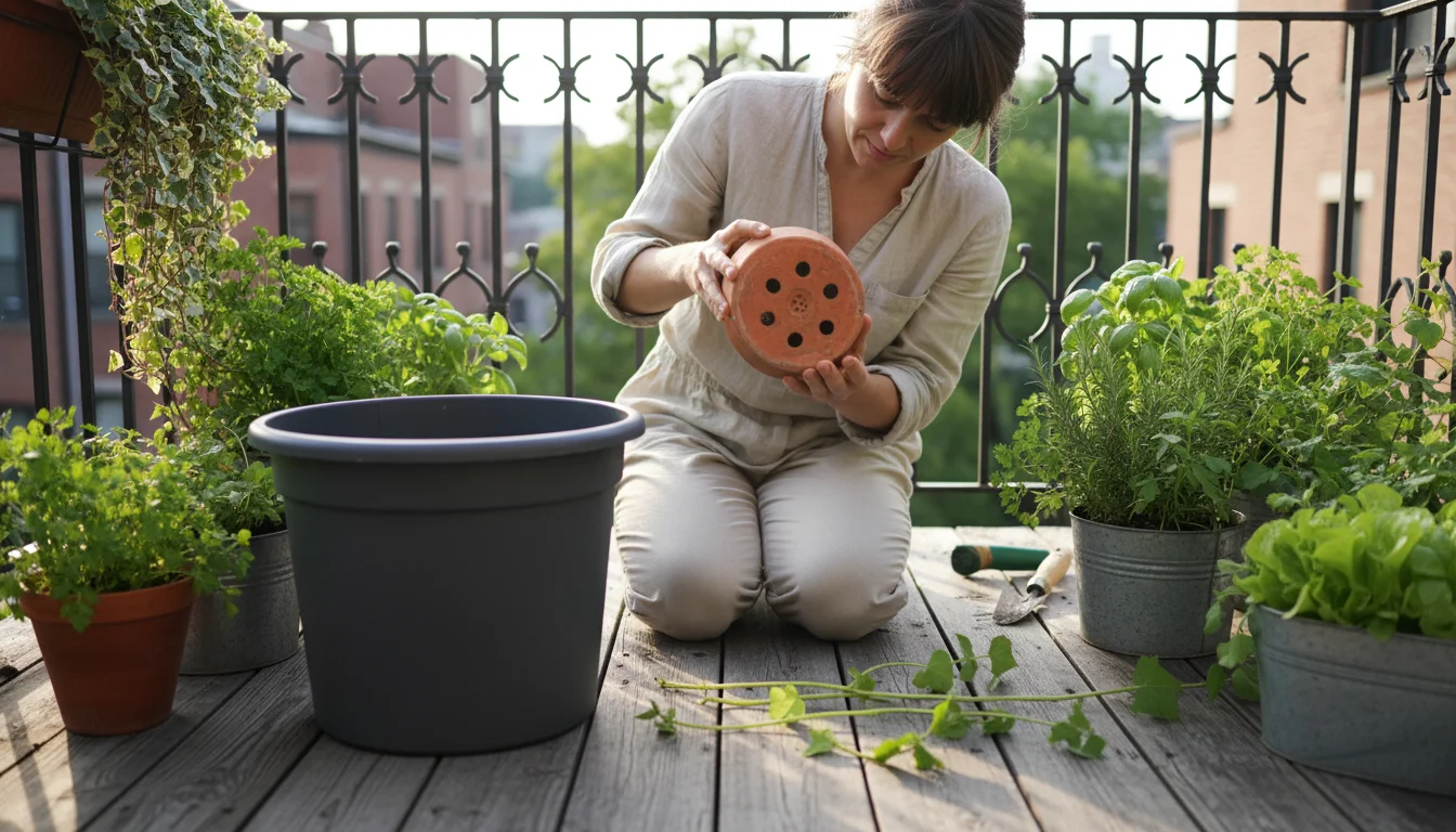 Person on an urban balcony inspects a terracotta pot's drainage holes, with a larger plastic pot nearby for comparison.