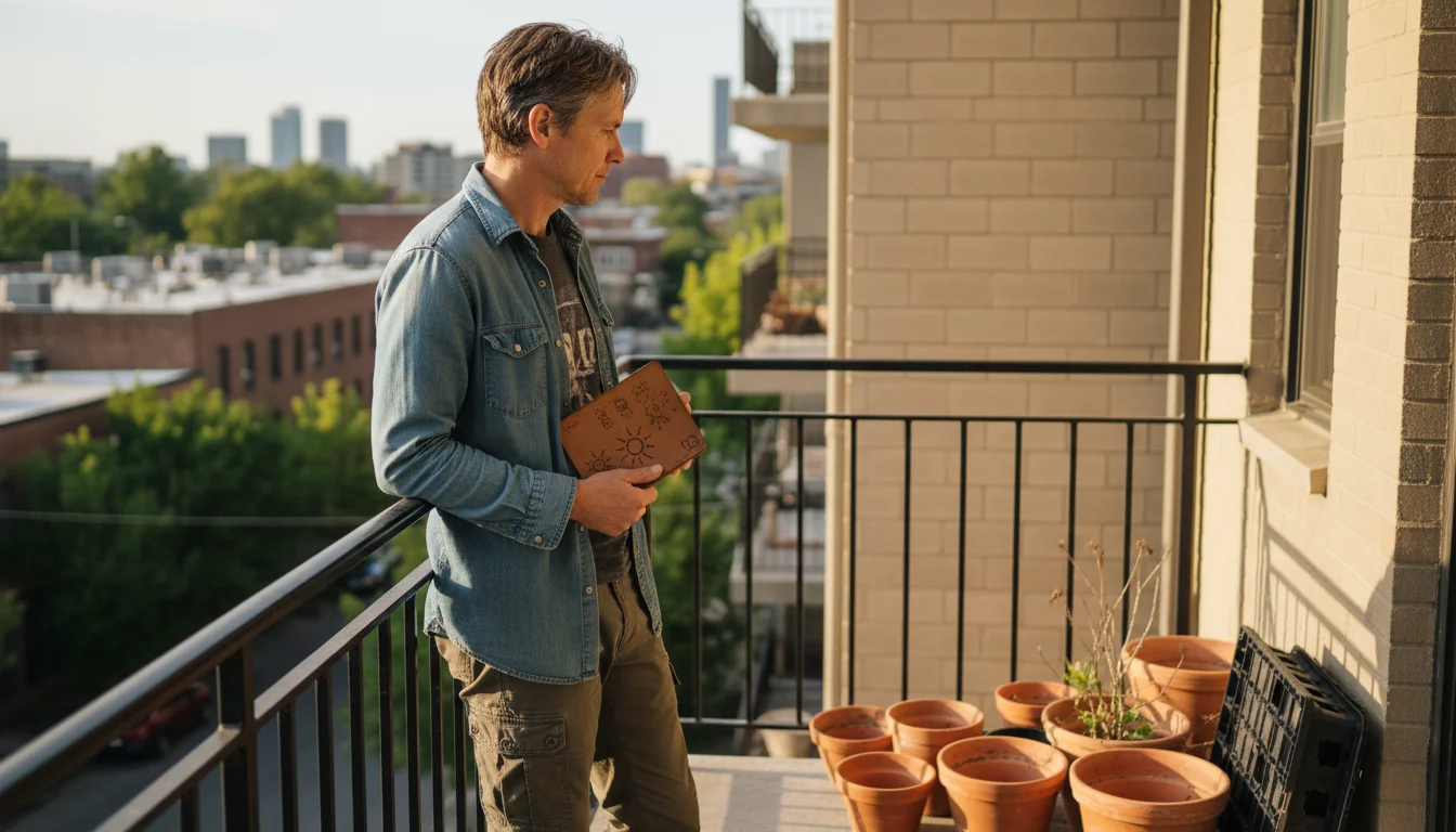 Person on urban balcony, notebook in hand, thoughtfully looking at container pots in a sunny corner.