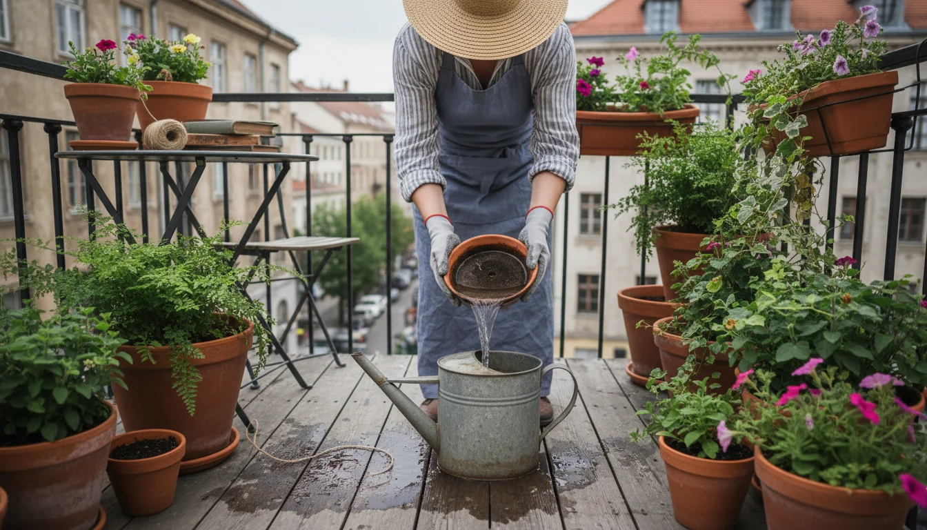 Person on urban balcony pours collected rainwater from a plant saucer into a metal watering can amidst lush container plants.