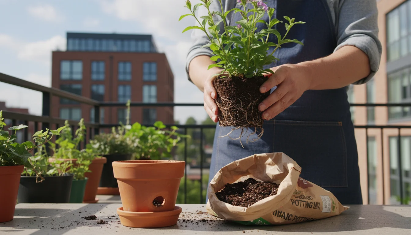 Person on an urban balcony gently removing a plant from its pot, inspecting roots. An empty pot with drainage holes and a bag of fresh soil are nearby