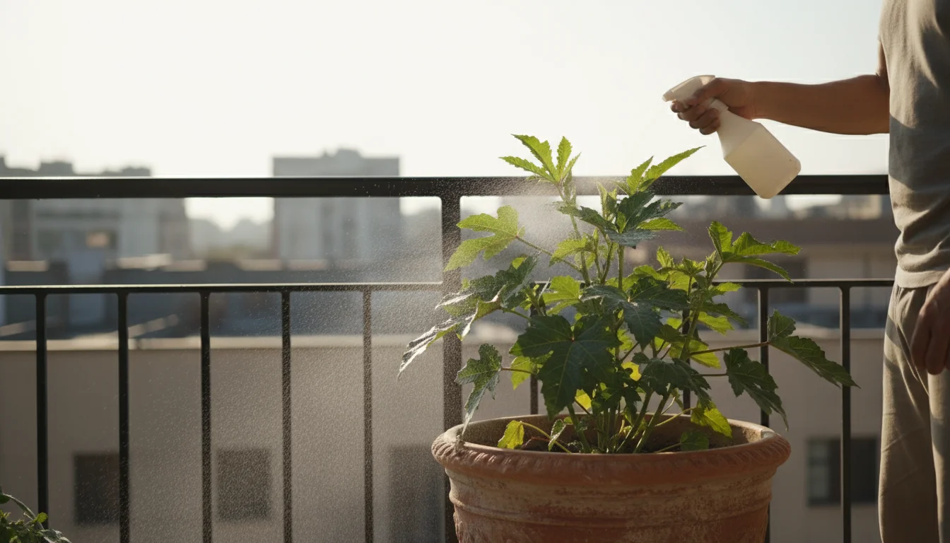 A person on an urban balcony sprays an okra plant in a deep terracotta pot with a hand-held sprayer, fine water mist visible on the leaves.