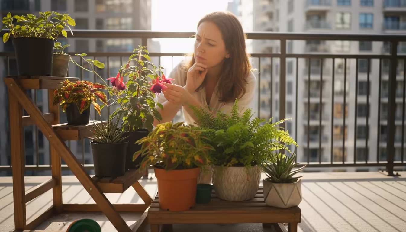 Person on an urban balcony thoughtfully examining a diverse array of potted plants on a tiered stand, planning their sun/shade rotation.