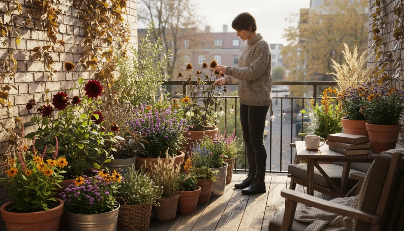 A person on an urban balcony touching dried seed heads on container plants in autumn, with a trowel in hand.
