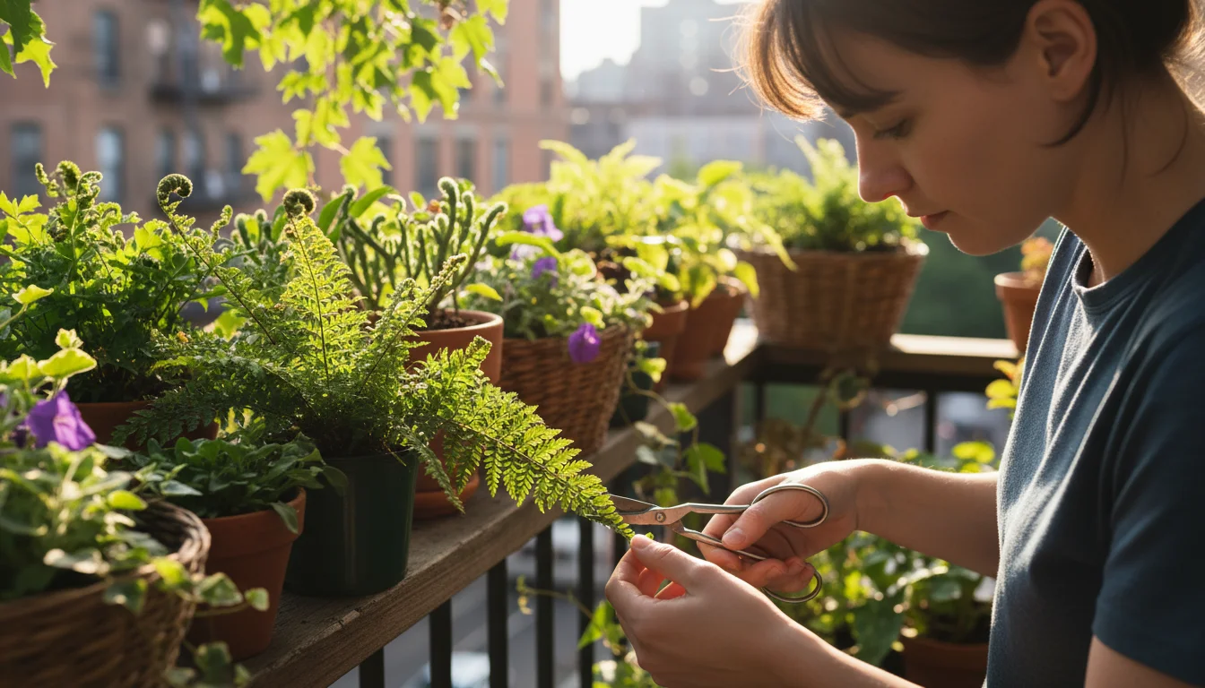 Person on urban balcony trims a browning tip from a potted Boston fern frond with small shears, surrounded by other container plants.