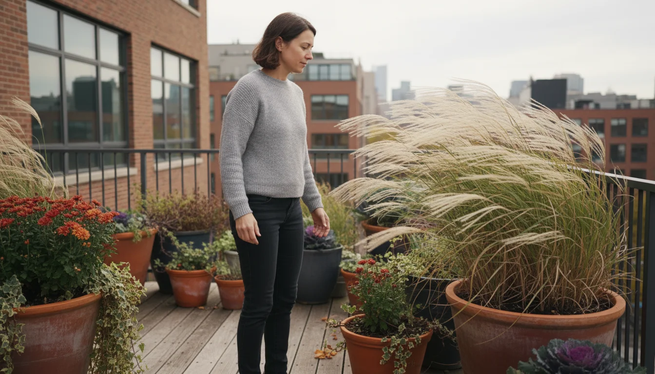 A person on an urban balcony watches ornamental grass sway in a gentle breeze amidst container plants.