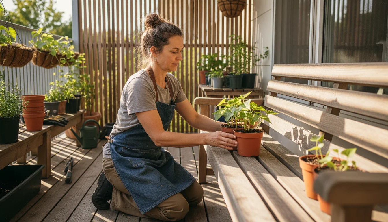 A person on an urban patio arranging terracotta pots with young sweet potato slips on a wooden bench, hardening them off for outdoor planting.