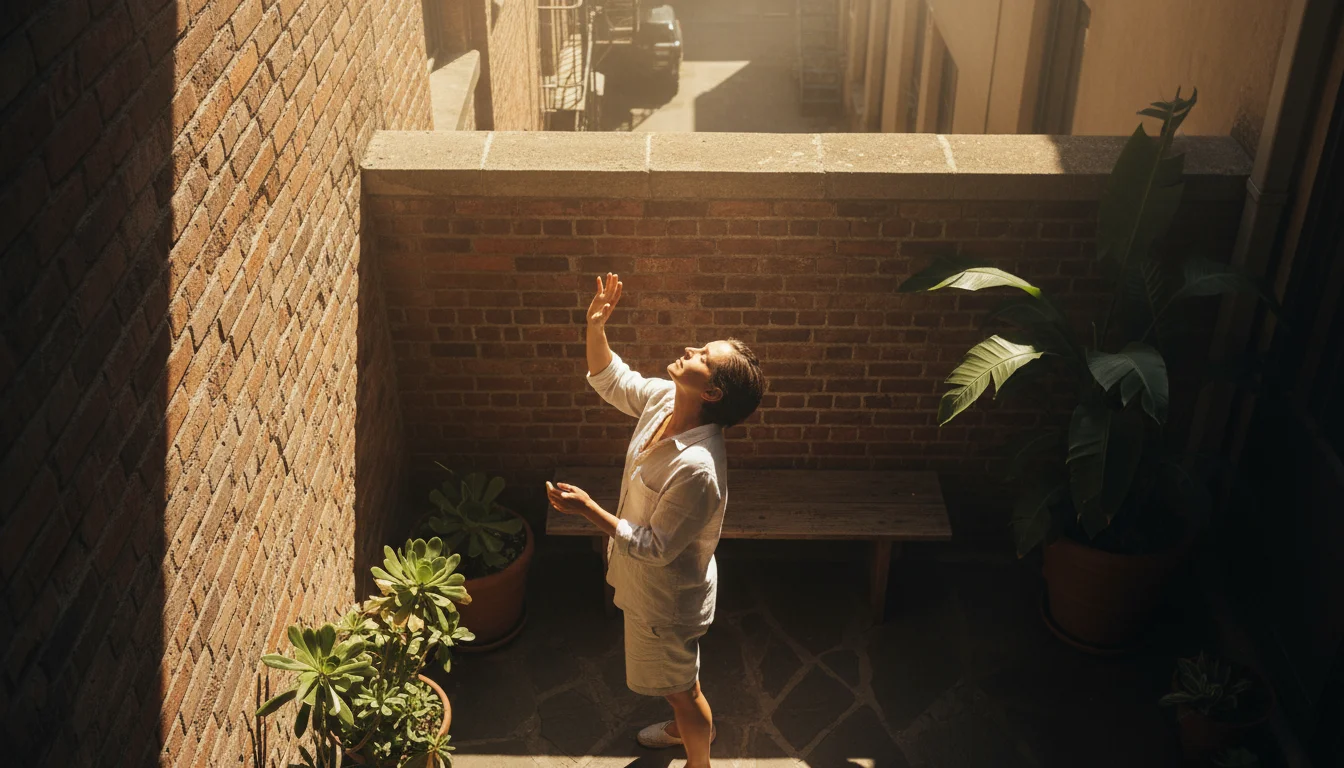 A person on an urban patio assesses a wall for a vertical garden, feeling sun/breeze and observing light patterns and shadows.