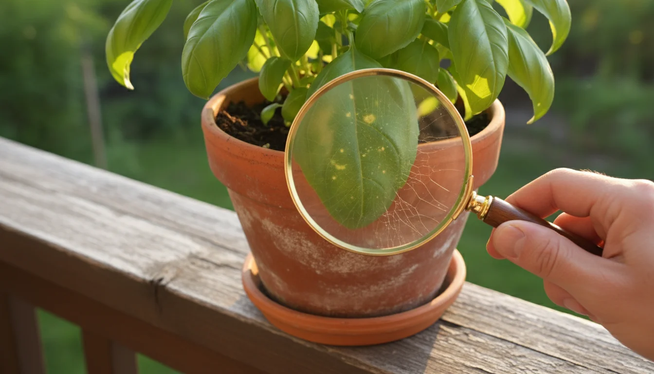 A person uses a magnifying glass to examine the underside of a basil leaf in a terracotta pot, showing faint spider mite webbing and stippling.