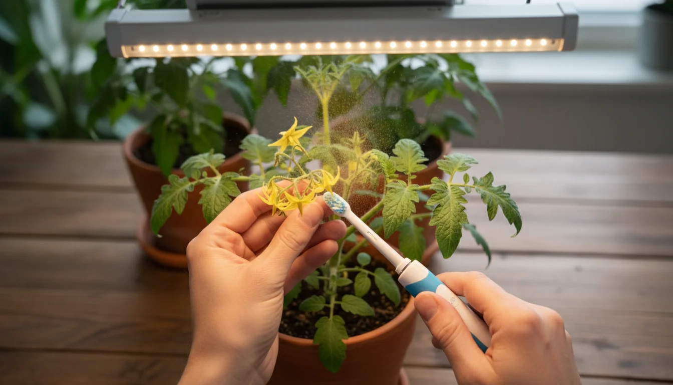 A person uses a small electric toothbrush to gently pollinate yellow tomato flowers on an indoor plant under a grow light.