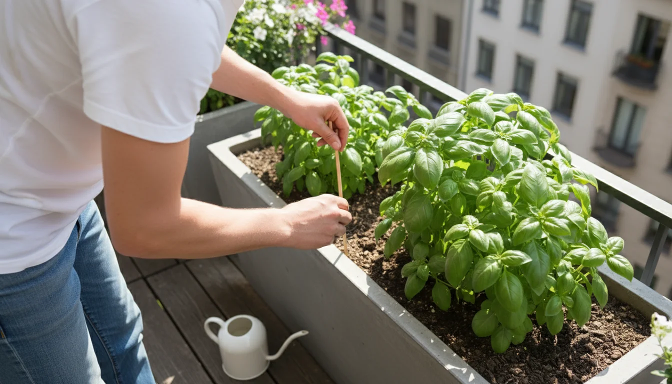 A person uses a wooden chopstick to gently poke holes into hard, dry soil in a modern gray concrete planter on a sunny urban balcony.