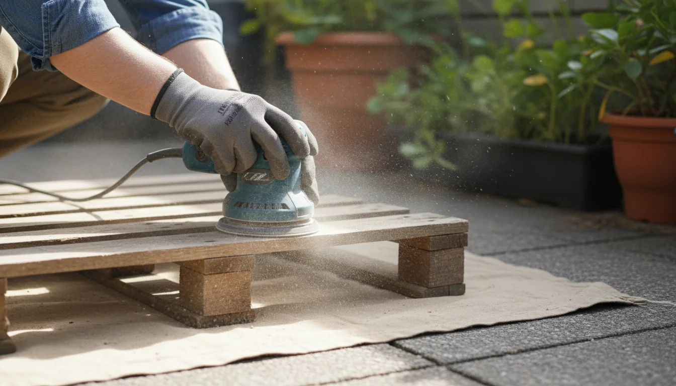 Close-up of a person using an electric sander to smooth the edge of a wooden pallet, with fine wood dust visible.