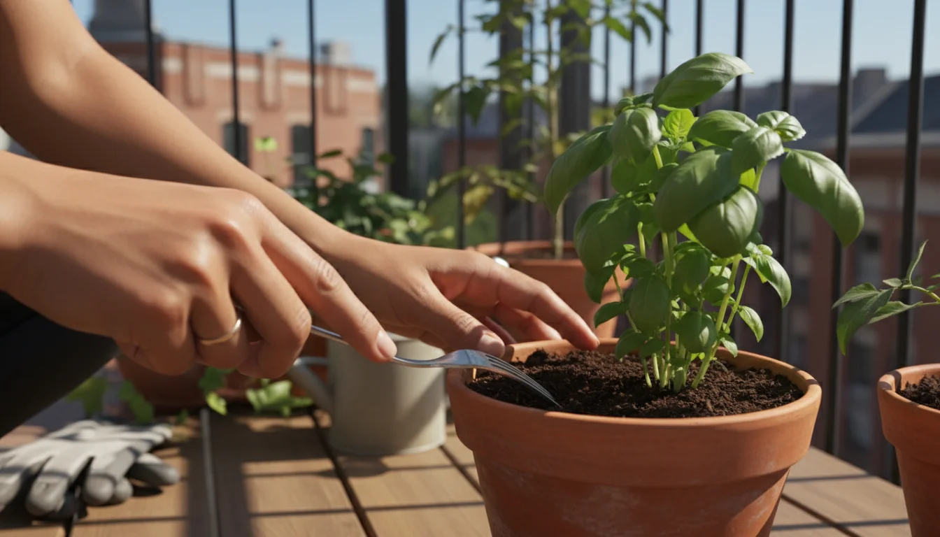 Person using a metal dinner fork to gently aerate soil around a basil plant in a terracotta pot on a sunny balcony.