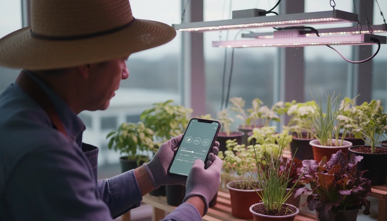 A person views a smartphone app controlling LED grow lights over healthy potted herbs and greens on a compact indoor shelf.