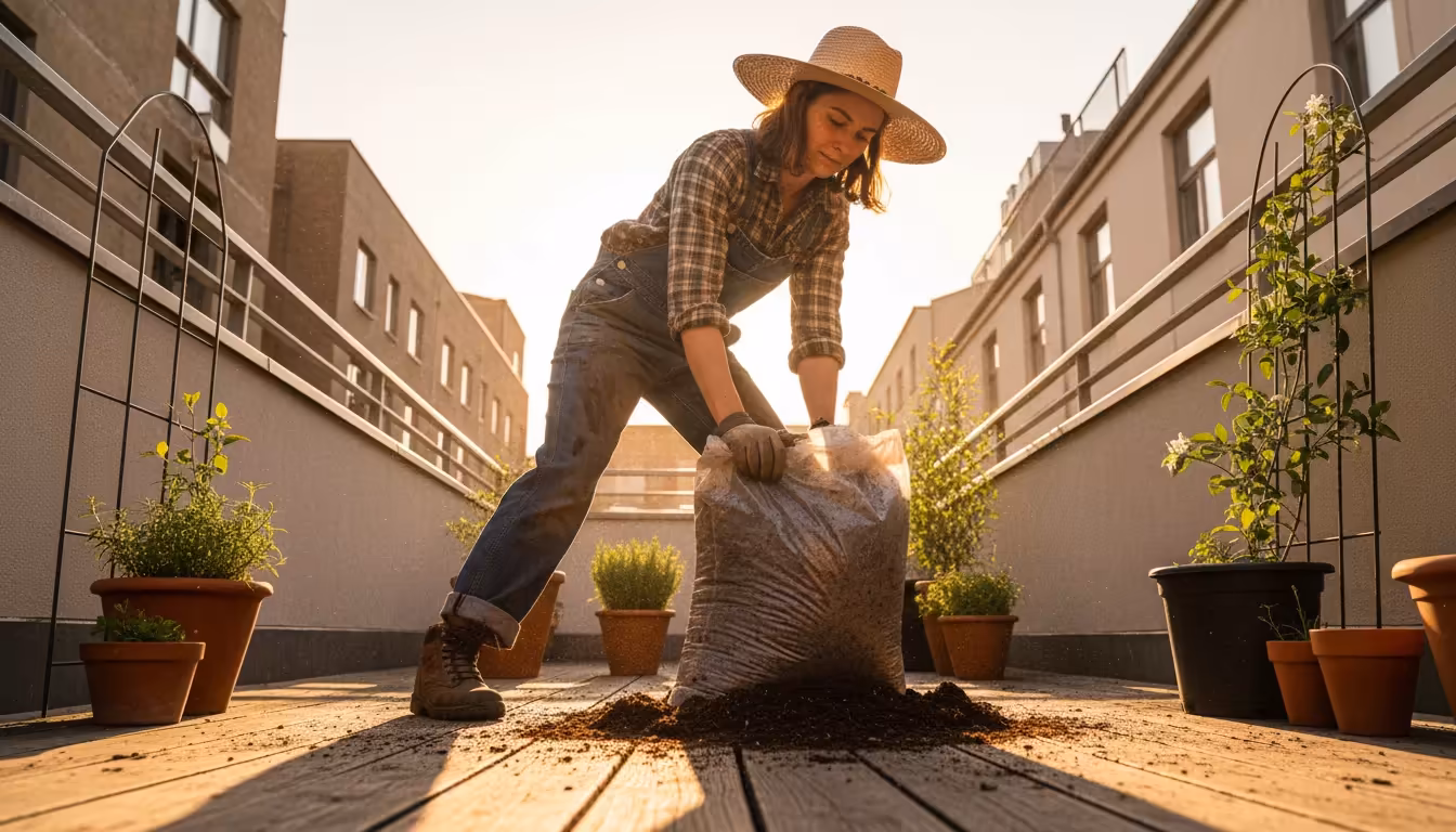 Person vigorously kneads a large sealed bag of potting mix on a sun-drenched urban patio, surrounded by container plants.