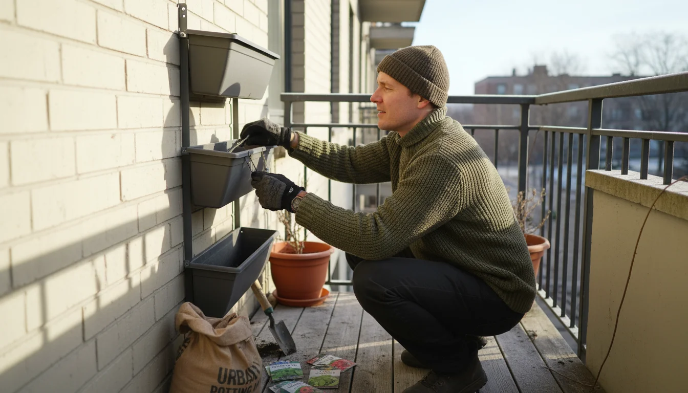 Person in warm clothes examines empty vertical garden planter's wall mounts on a small urban balcony during winter, a journal nearby.