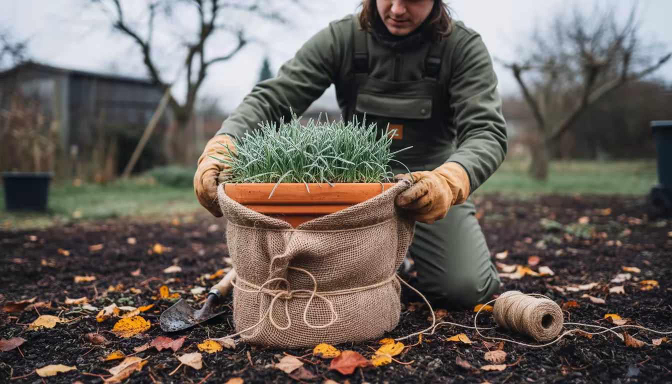 A person in warm clothes and gloves wraps a large terracotta planter containing green cover crop sprouts with burlap on a damp patio.