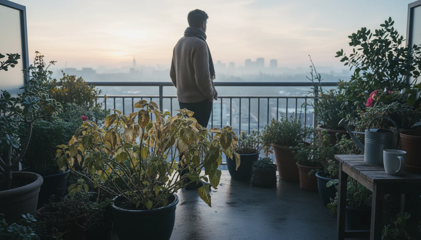 Person in warm clothing observing subtly frost-damaged plants in containers on a city balcony early morning.