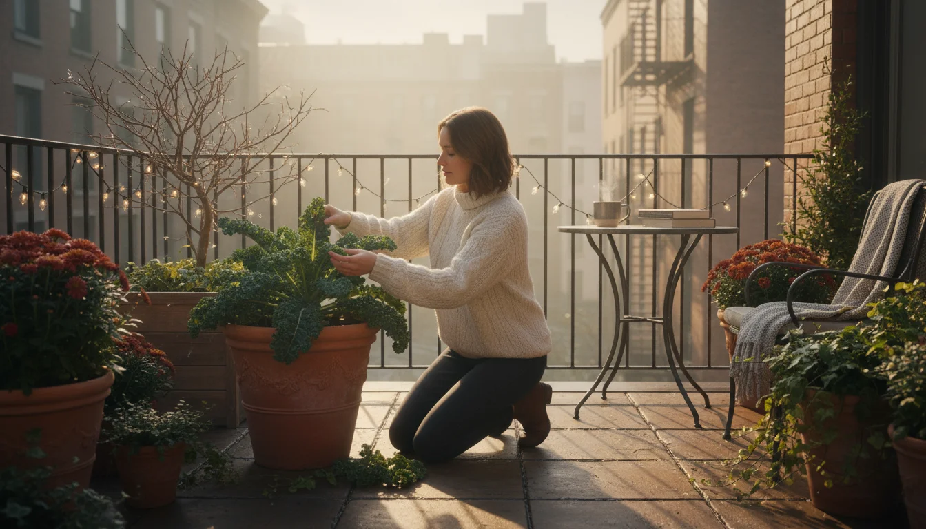 A person in a warm sweater harvests a leaf from a vibrant kale plant in a terracotta pot on a balcony garden. Subtle frost is visible.