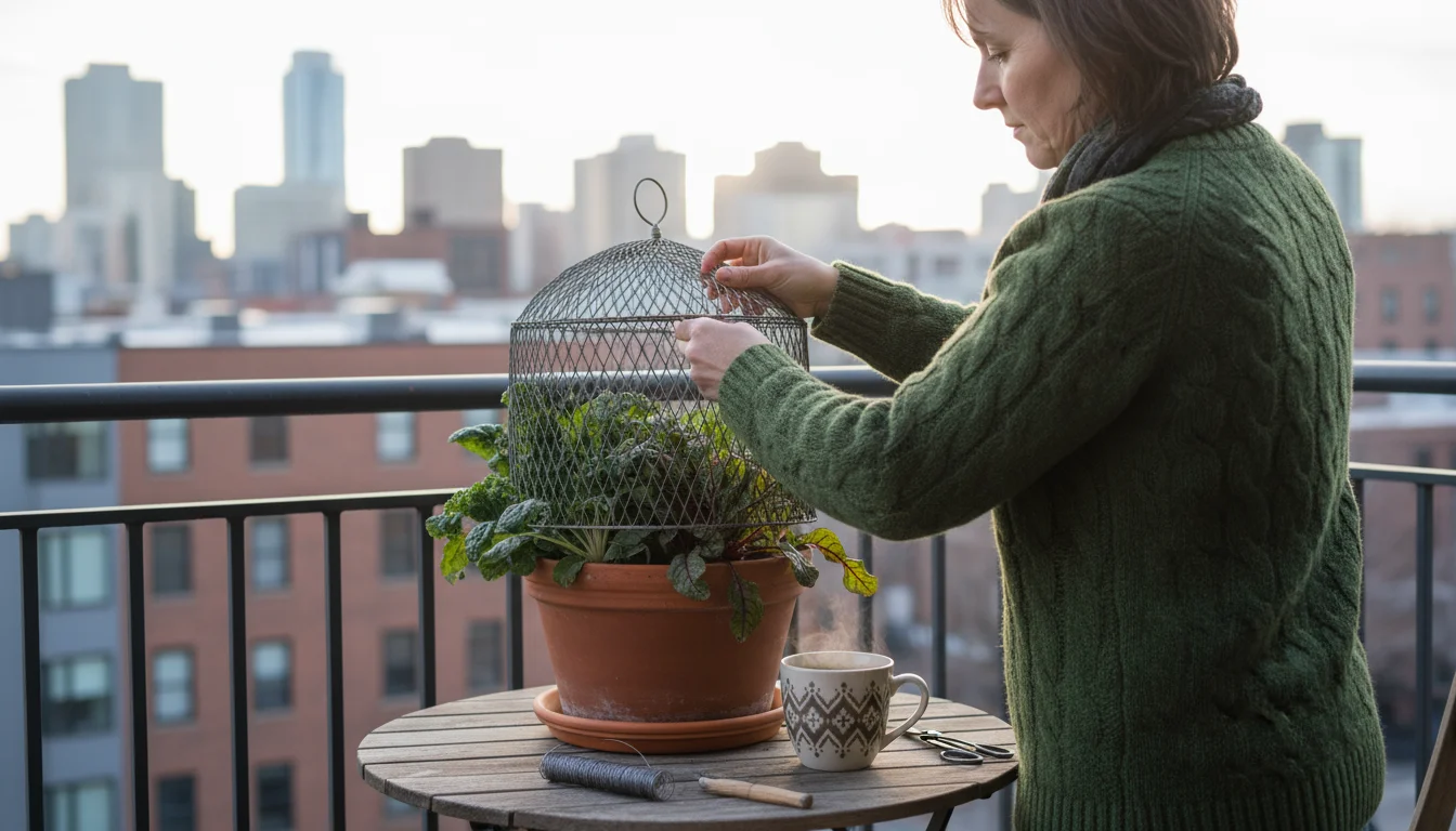 A person in a warm sweater secures a wire mesh cage over a container plant on an urban balcony, with a gnawed acorn visible on the railing.