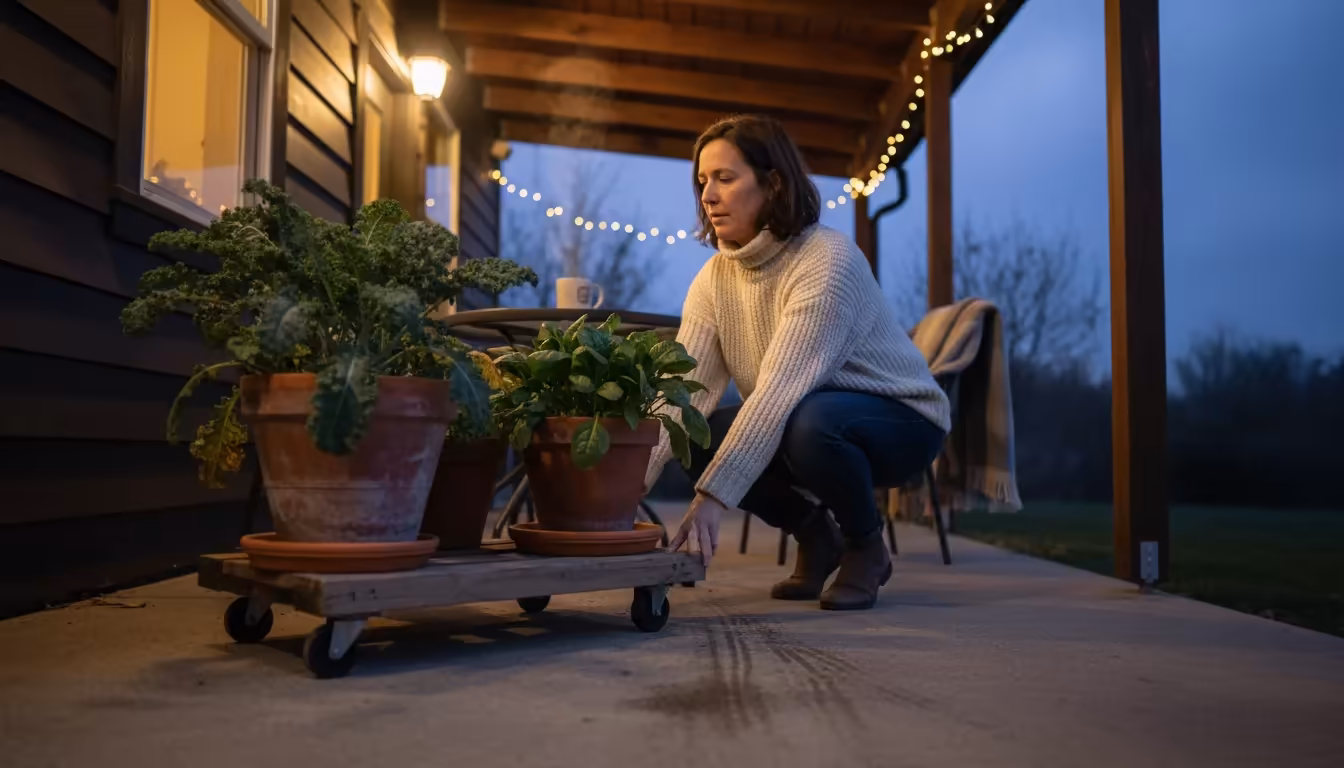 Person in a warm sweater slides two potted fall greens on a rolling caddy under a patio overhang at dusk for frost protection.