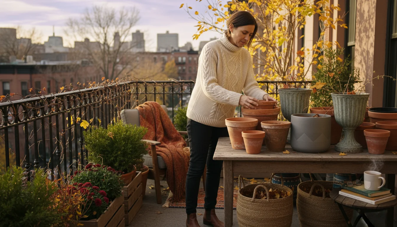 A person in a warm sweater thoughtfully arranging a collection of empty, diverse garden pots on a small urban balcony in autumn.