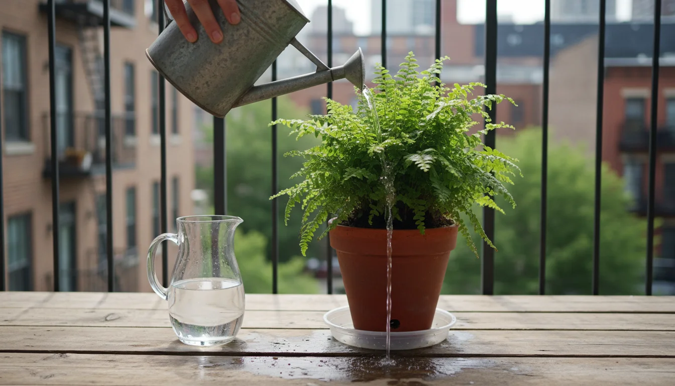 Person watering a fern in a terracotta pot on a balcony. Water drains from the bottom into an empty saucer. A glass pitcher of water sits nearby.