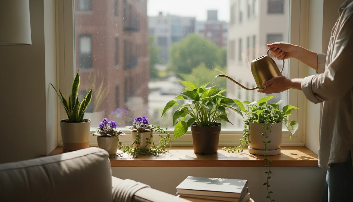 Person carefully watering a healthy Pothos plant in a ceramic pot on a wooden shelf, surrounded by other thriving indoor plants.