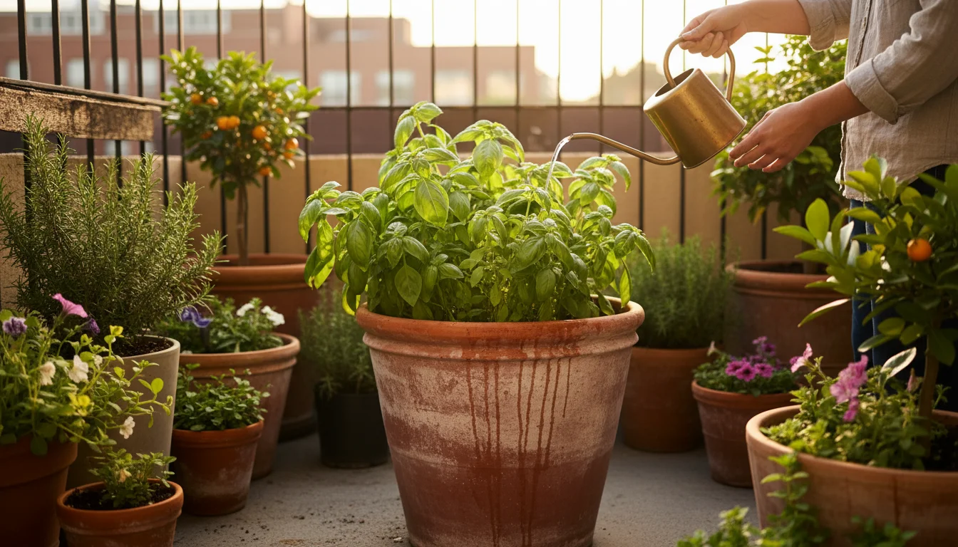 Person gently watering a large terracotta pot with a white mineral patina on a sunny urban balcony, basil plant thriving.