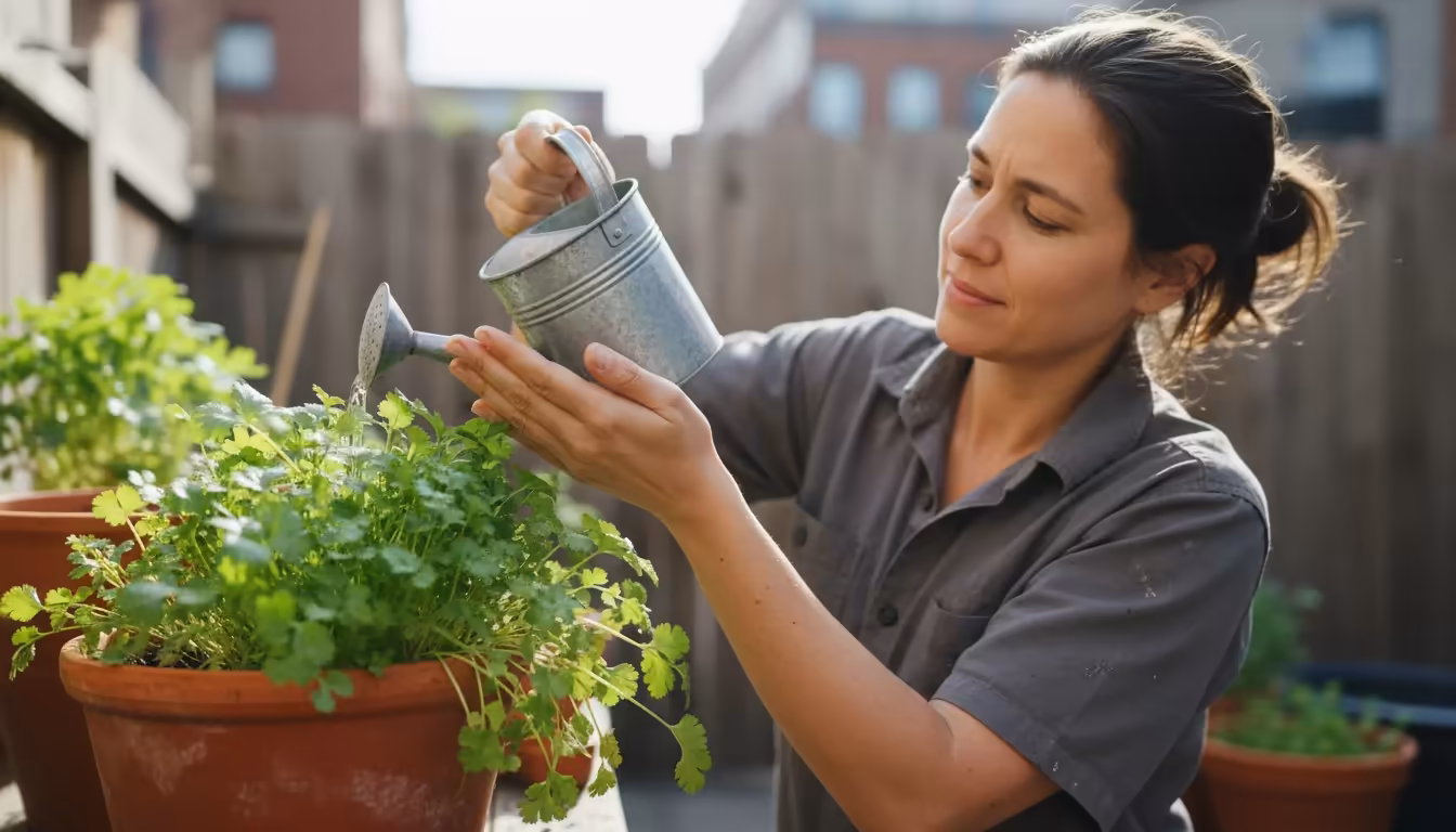 Eye-level shot of a person gently watering a lush pot of cilantro with a small galvanized can on a sunny, compact patio.